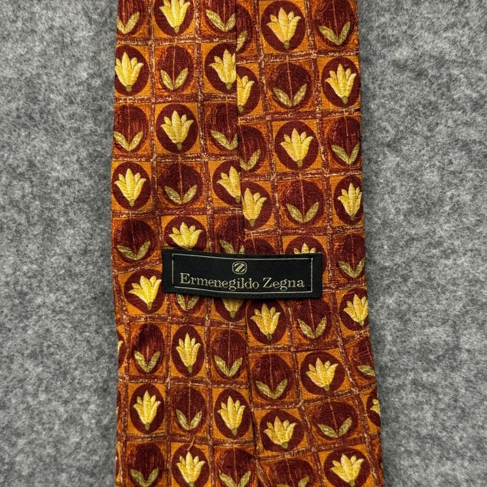 Ermenegildo‎ Zegna Mens Silk Tie Orange Gold Floral Geometric Made in Italy